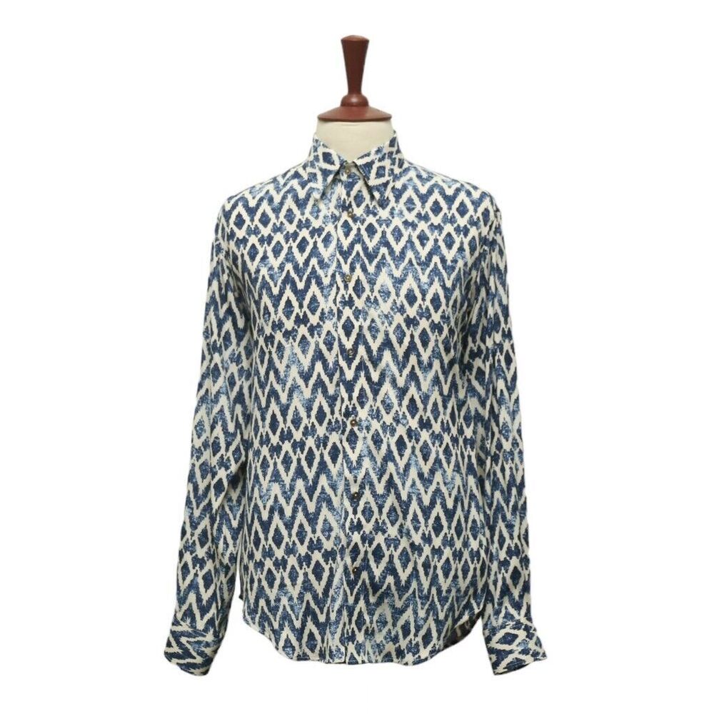 Mens Shirt Button Up Blue Beige Geometric Navajo Aztec Ethnic Tribal Medium